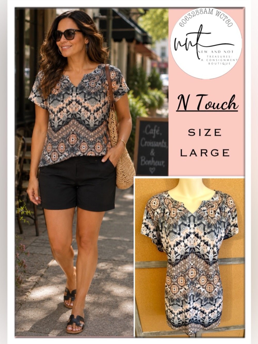 N Touch Large Slinky Knit Top Gray Taupe Abstract Print Pleated Back Side Slits